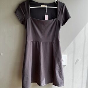 Qinsen Fit & Comfort Gray Square Neck Short Sleeve Mini Dress Medium Skims Like